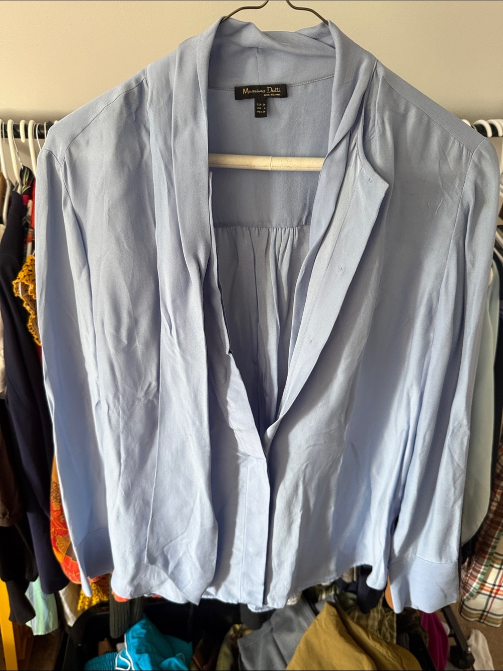Massimo Dutti Pastel Blue Draped V-Neck Blouse